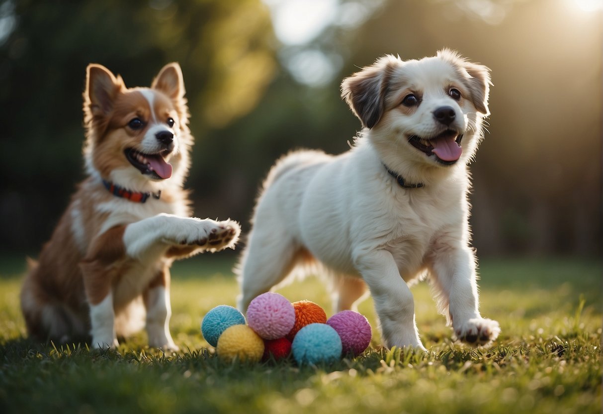 Dogs playfully interact with toys and each other in a calm, inviting environment