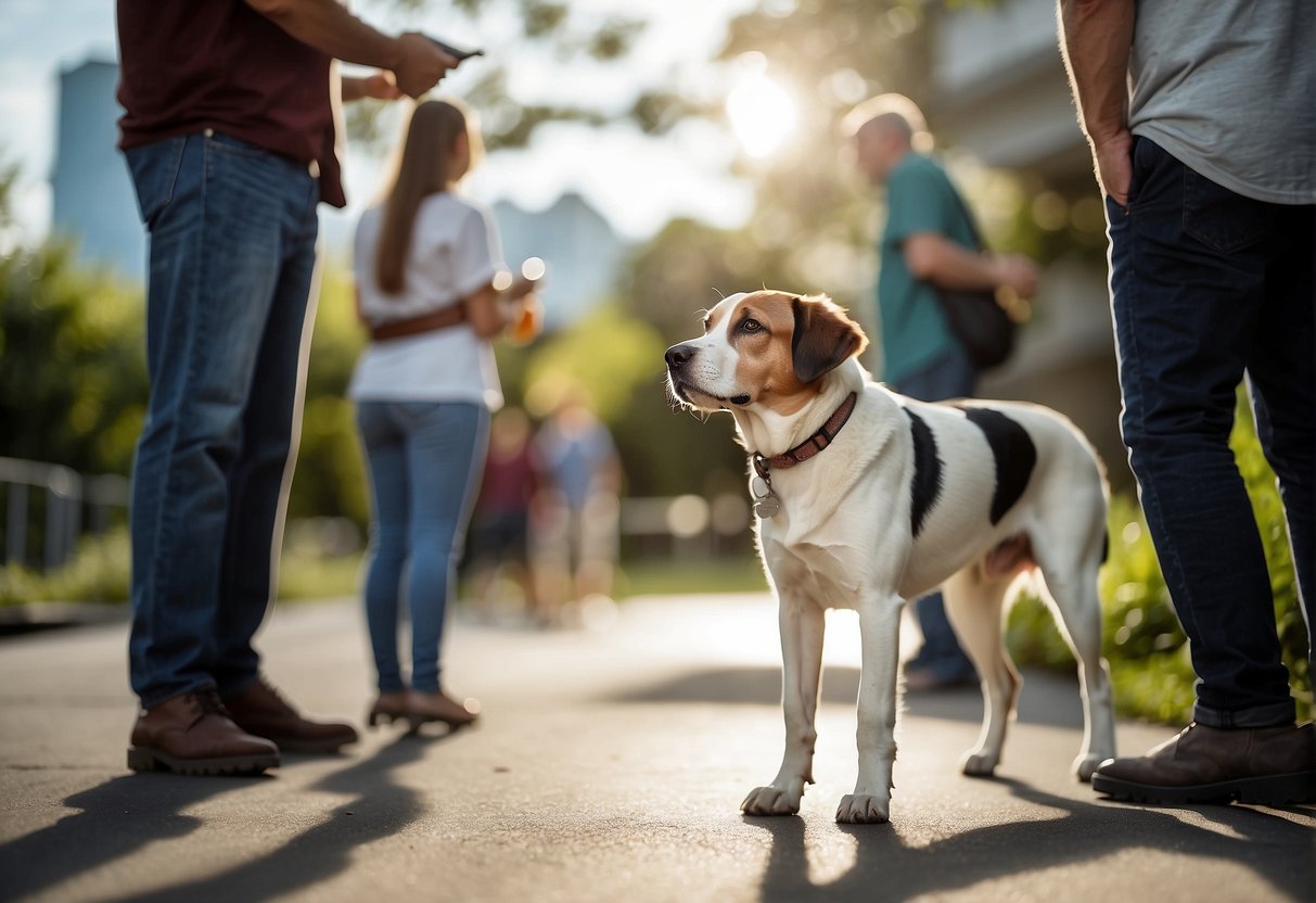 Shelter dogs approach visitor with cautious curiosity, sniffing and observing body language. Some stay back, while others cautiously approach for interaction