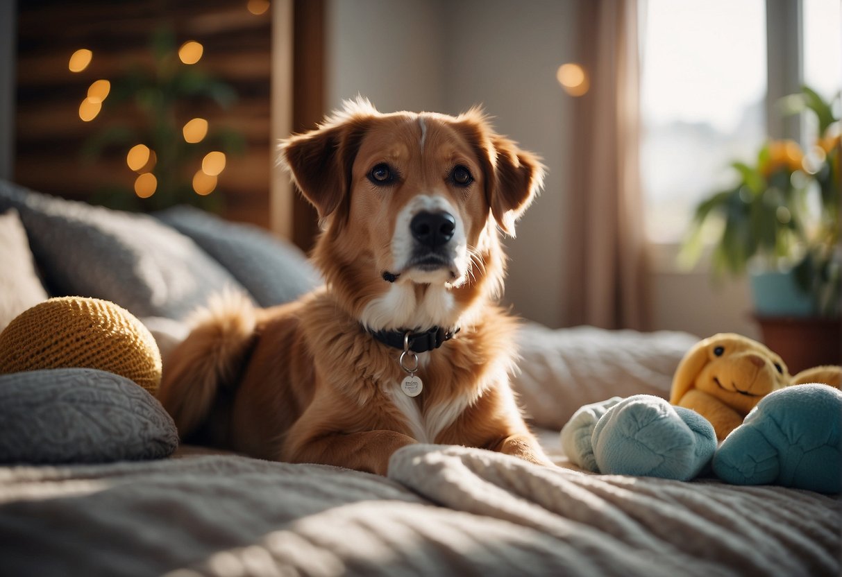 The shelter dogs roam freely in a spacious, sunlit room with soft, soothing music playing in the background. Comfortable bedding and toys are scattered around, and the atmosphere is peaceful and inviting