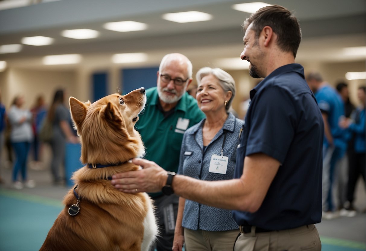 Visitors seek advice from shelter staff, eager to bond with dogs. Staff offer tips, gesturing towards eager, wagging tails