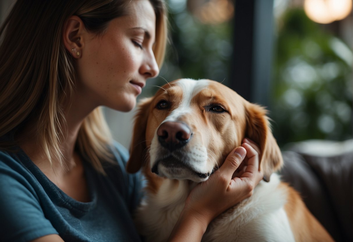 A dog's head resting on a visitor's lap, their fingers gently scratching behind the dog's ears. The dog's eyes are closed, and its tail wags softly