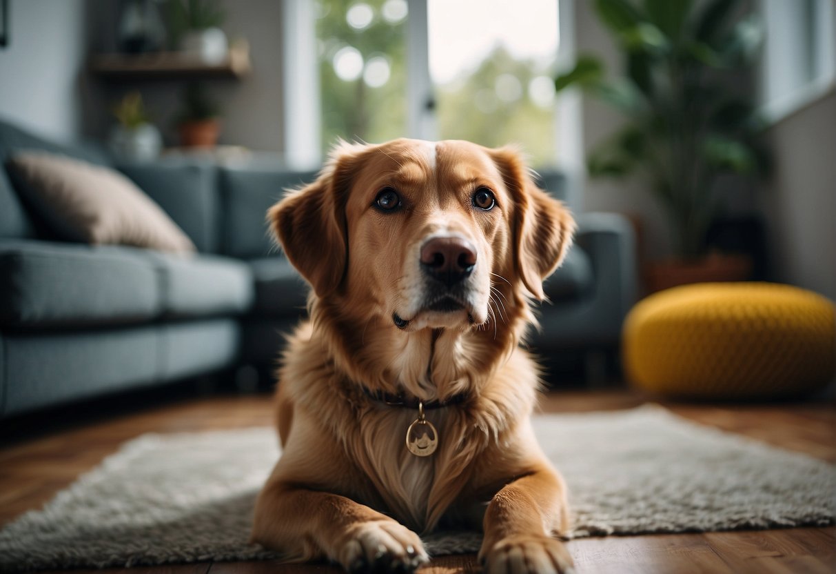 A dog sitting calmly amidst a chaotic household, unfazed by loud noises and activity. Its body language exudes confidence and comfort in the environment