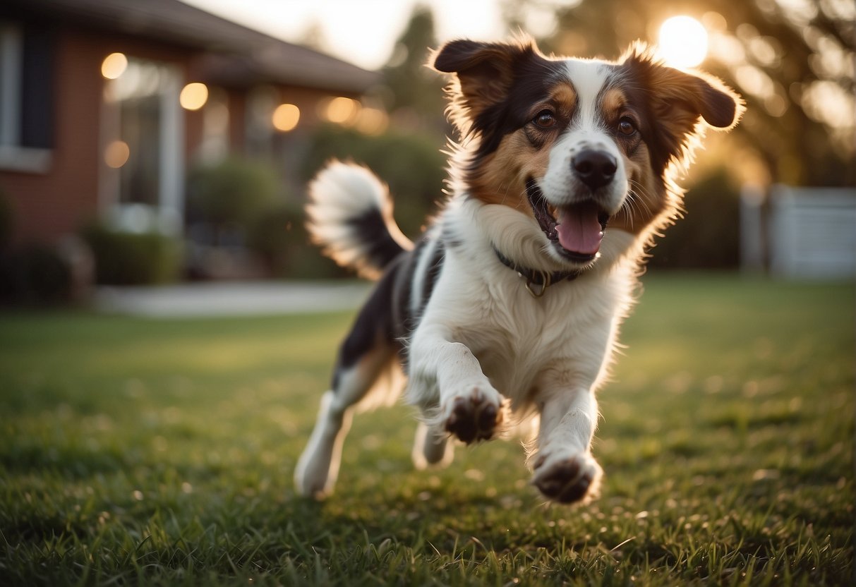 A dog playing fetch in a spacious backyard, wagging its tail and running energetically. Another dog lounges on a cozy couch, looking content and relaxed