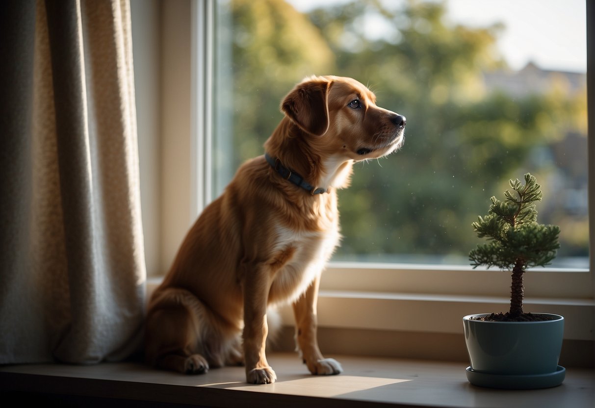 A dog sits by a window, looking out with excitement. Toys and a cozy bed are nearby, while a food and water bowl sit in the corner