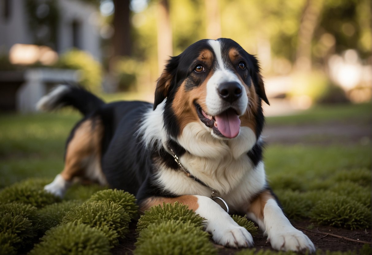 The dog plays with other pets, showing friendly behavior. It interacts calmly and confidently, fitting well into the household dynamic