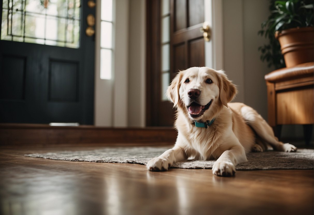 A happy dog with wagging tail greets a family at the front door, while a calm and gentle dog lounges contently on the couch