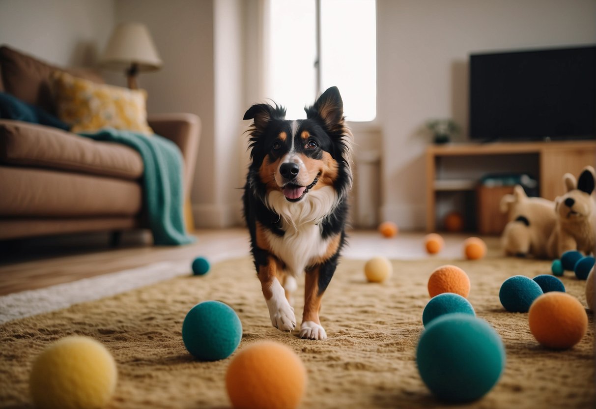 A happy, tail-wagging dog plays gently with children, showing patience and friendliness