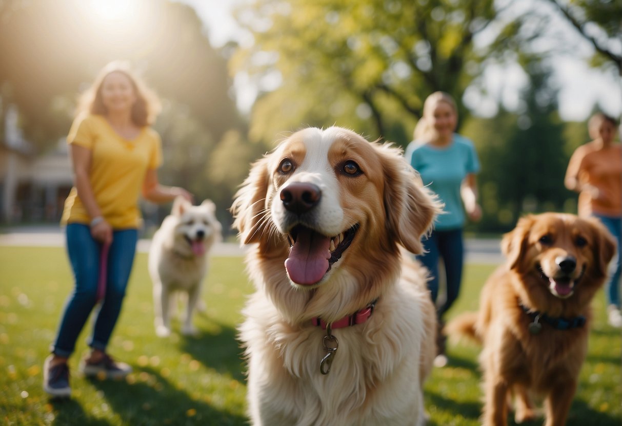 A group of happy dogs playing in a spacious and colorful daycare facility, with a friendly dog walker taking them for a walk in a beautiful park