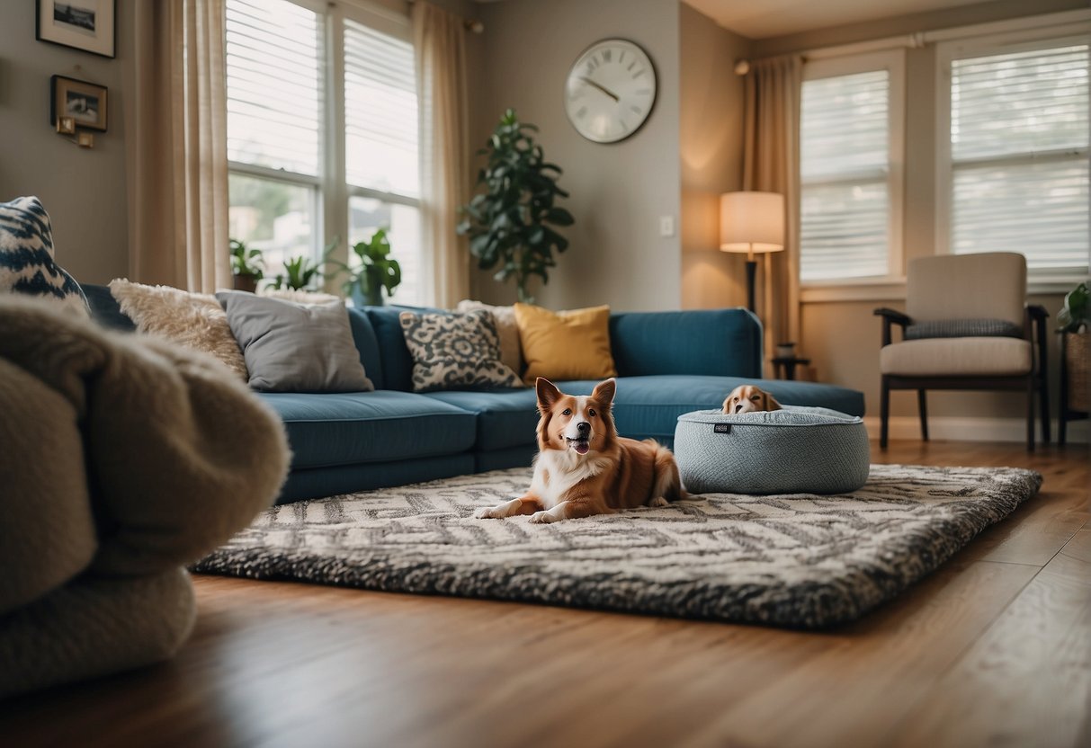 A cozy living room with a dog bed, toys, and a water bowl. A clock on the wall shows work hours. A fenced backyard with a dog door