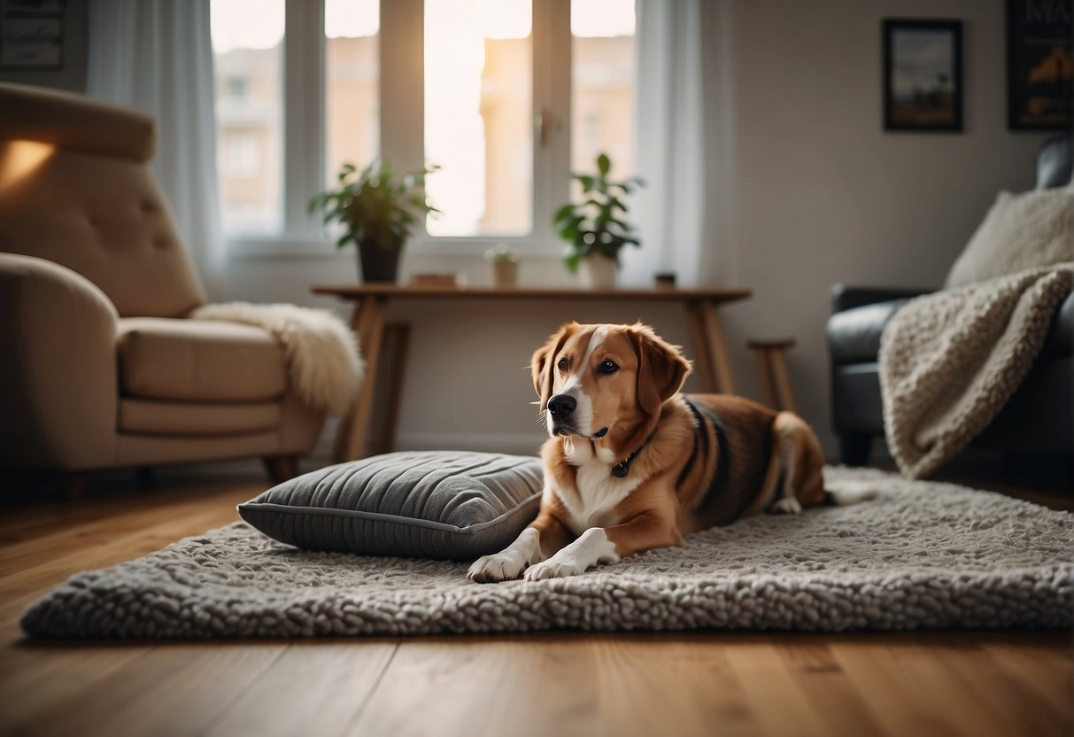 A cozy living room with a large window, a comfortable couch, and a warm blanket. A dog bed and toys scattered on the floor. A calendar with work schedule and a list of dog care resources