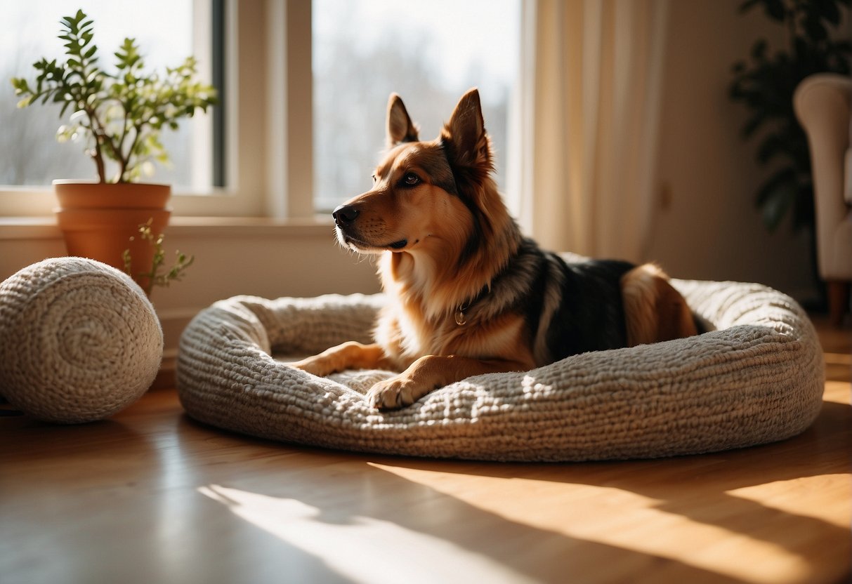 A cozy living room with a dog bed, toys, and a food and water bowl. Sunlight streams in through the window, casting a warm glow on the space