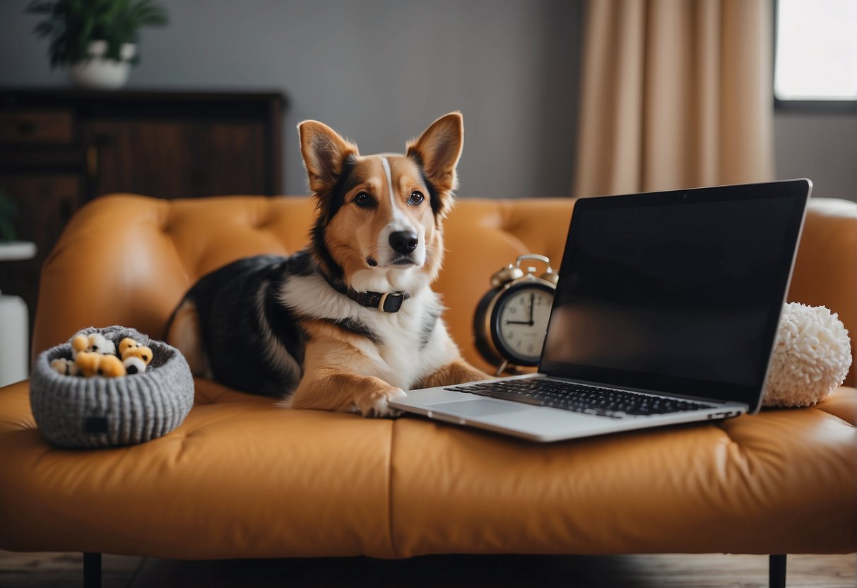 A cozy living room with a dog bed, toys, and food bowls. A clock on the wall shows the time. A laptop and work bag sit nearby