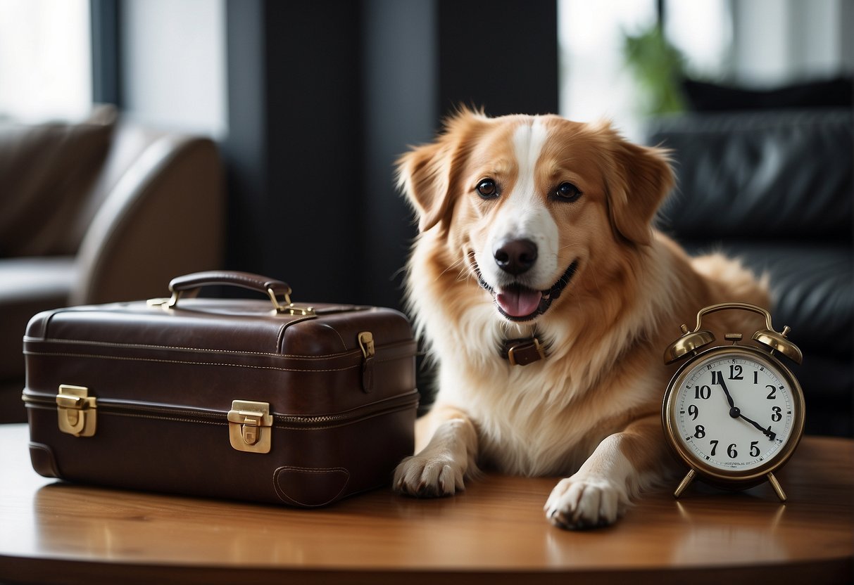 A happy dog wagging its tail, sitting next to a person's briefcase and a clock, symbolizing emotional support and companionship for a full-time worker