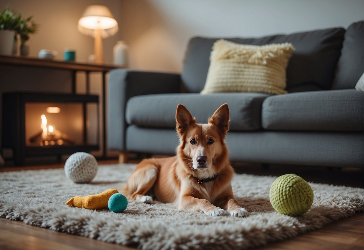 A cozy living room with dog toys scattered on the floor, a comfortable dog bed, and a fenced backyard with plenty of space to run and play