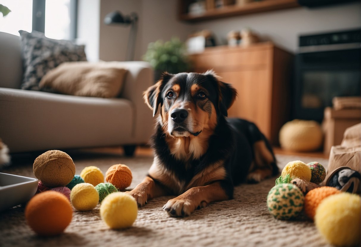 A cozy living room with dog toys scattered on the floor, a sturdy fenced backyard, and a well-stocked pantry with dog food and treats