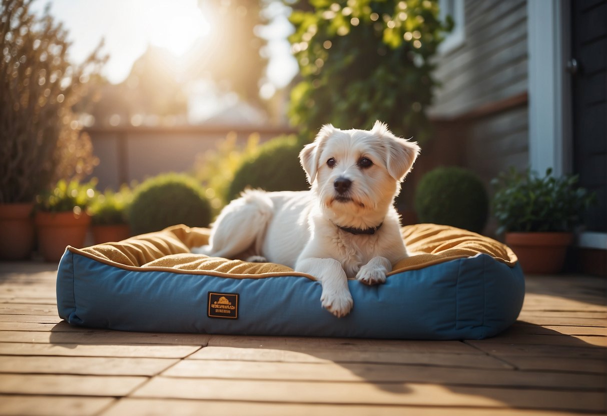 A cozy dog bed sits in a sunlit corner. Toys scatter the floor. A bowl of water and food await. A fenced yard offers space to play