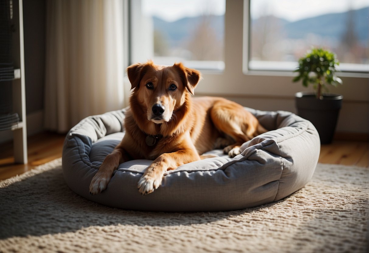 A cozy dog bed in a well-lit corner, a clean food and water bowl set, and a secure fenced yard with toys and shelter