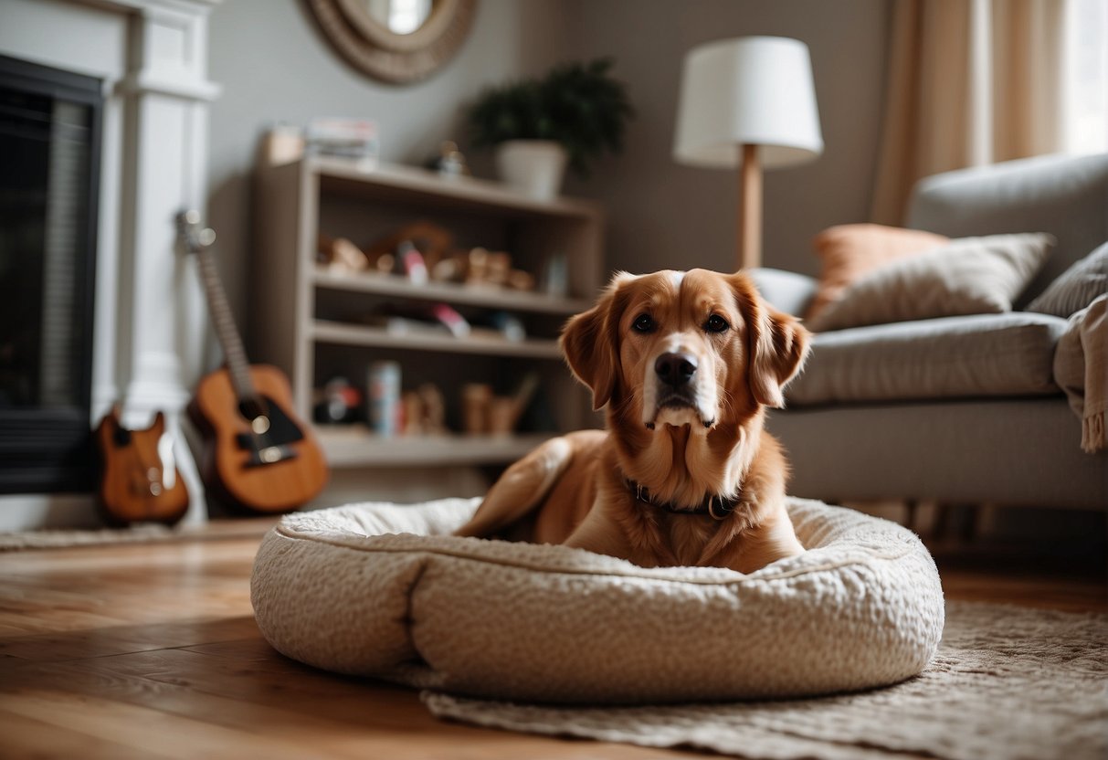 A cozy home with toys scattered on the floor, a comfortable dog bed in the corner, and a welcoming atmosphere. A dog rescue representative observing the environment for signs of a safe and loving home