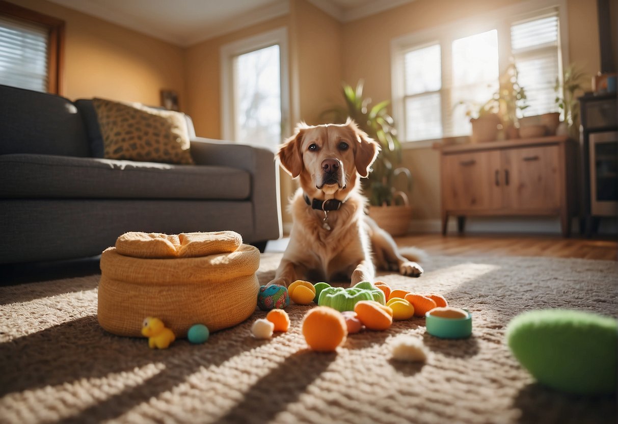 A cozy living room with dog toys scattered about, a well-stocked pantry with healthy pet food, and a fenced backyard with ample space for a dog to play