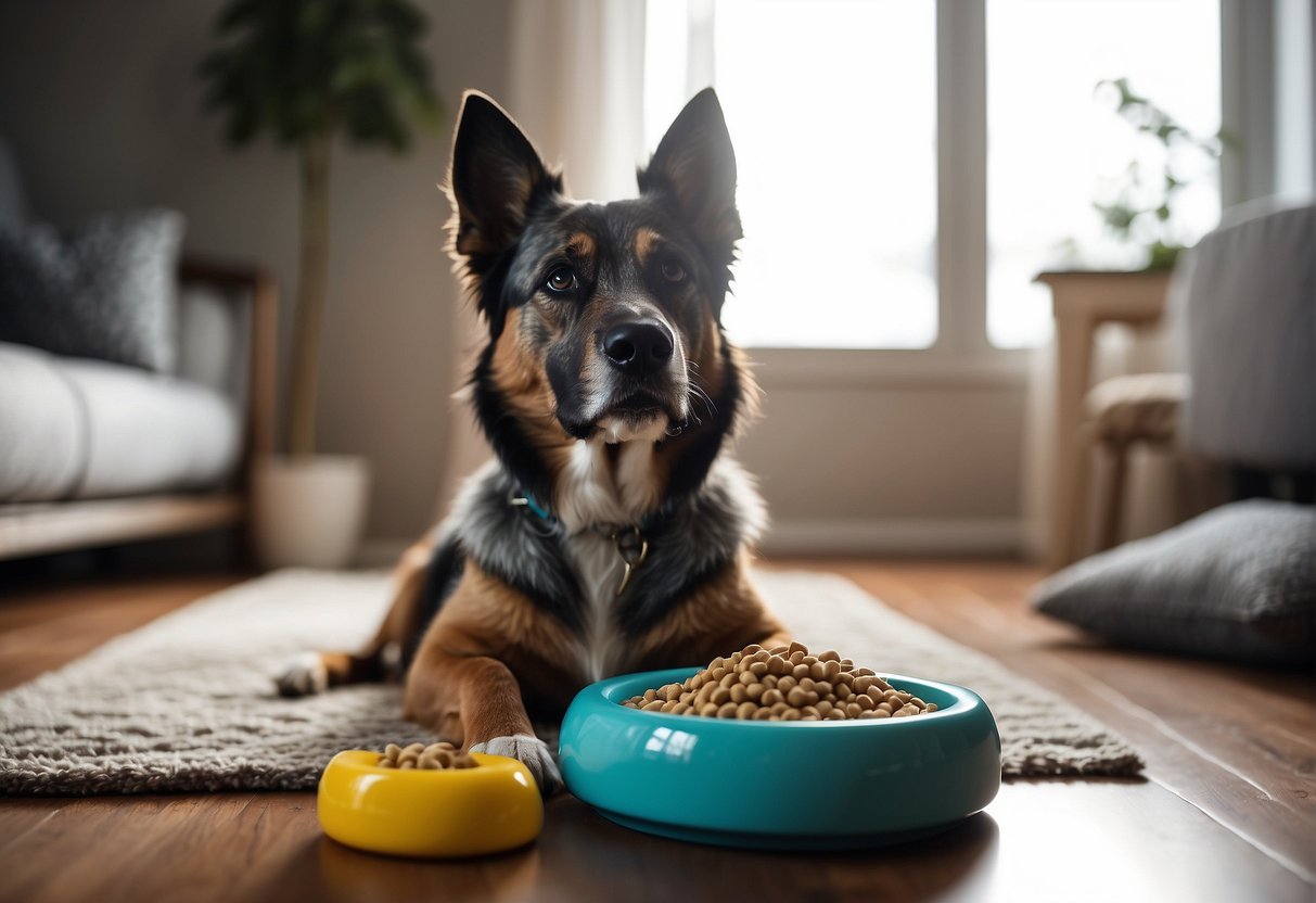 A dog sits in a well-lit living room, surrounded by toys and a comfortable bed. A bowl of fresh water and healthy dog food is nearby. The room is clean and free of hazards