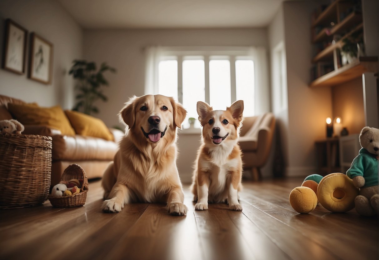 A happy dog playing with a new family in a cozy home, surrounded by toys and a loving atmosphere. References and testimonials from previous adopters are displayed on the wall