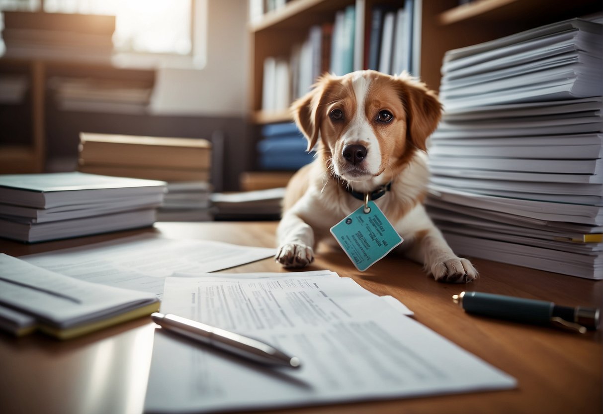A dog adoption application form surrounded by stacks of reference materials and a pen, emphasizing the importance of thorough research and documentation in the process