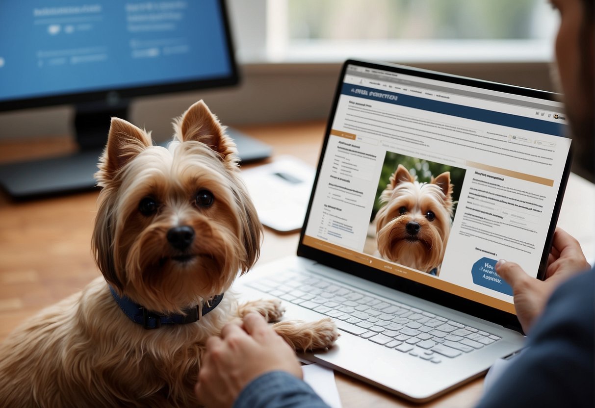 A dog adoption application being reviewed, with a focus on reference checking process. Forms, phone calls, and emails are being exchanged