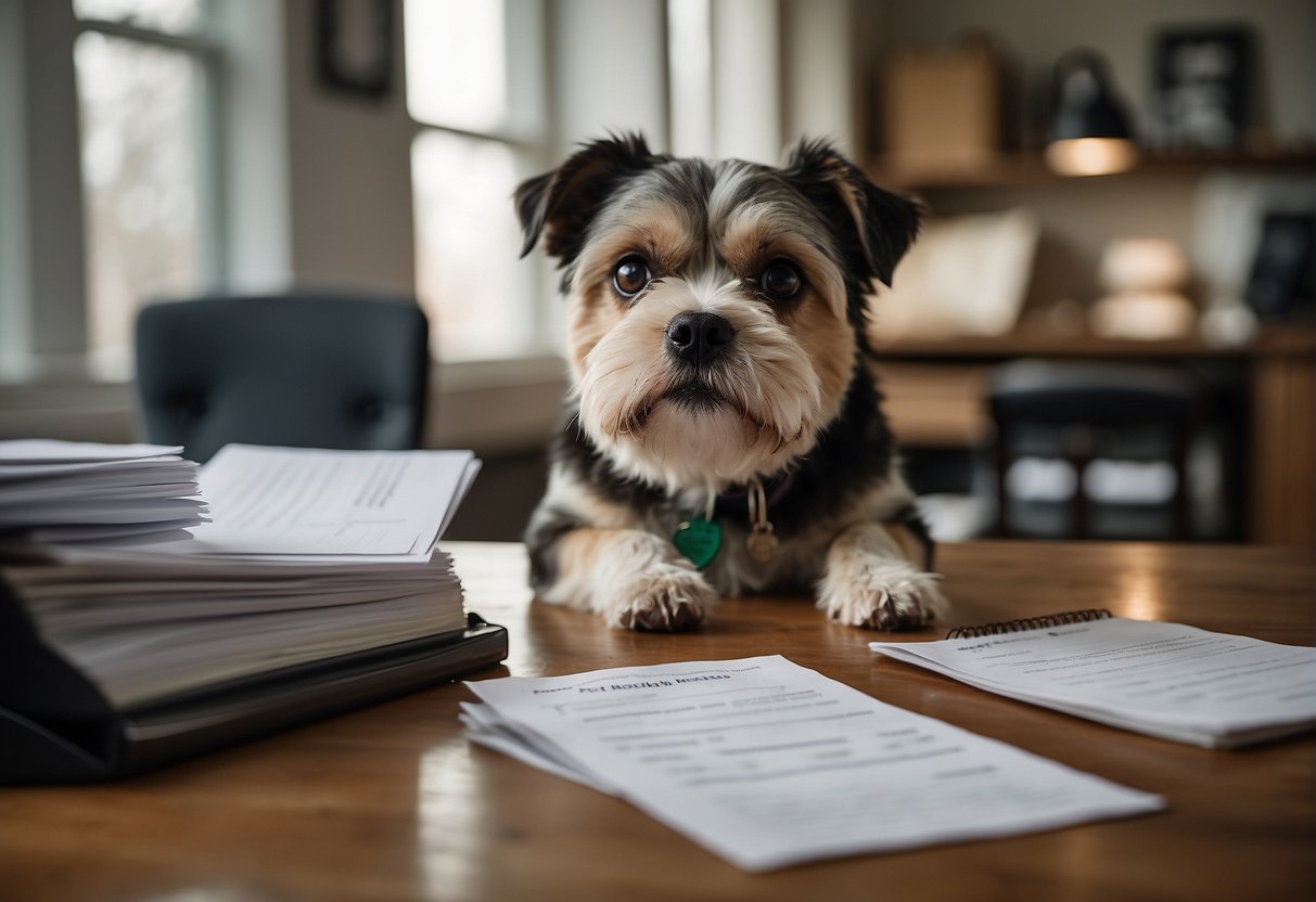 A stack of reference letters from previous pet owners sits on a desk, alongside a checklist and a pen. A hopeful dog waits in the background