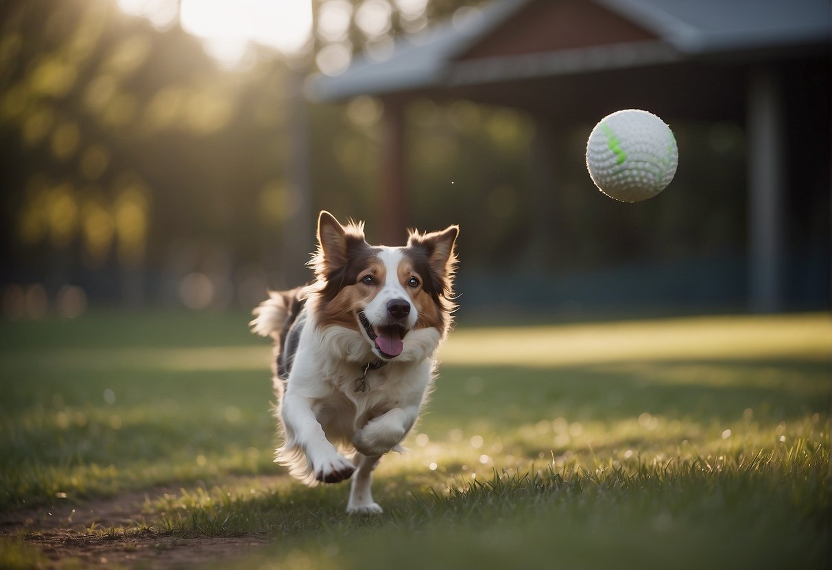 A shelter dog cautiously approaches, ears perked and tail wagging. Another dog sniffs around, while a third playfully bounces a ball