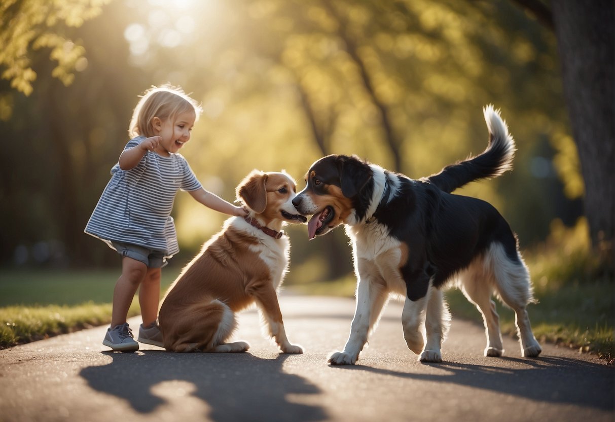 Children gather around a wagging tail, as a joyful dog sniffs and wags its tail, excitedly meeting its new family