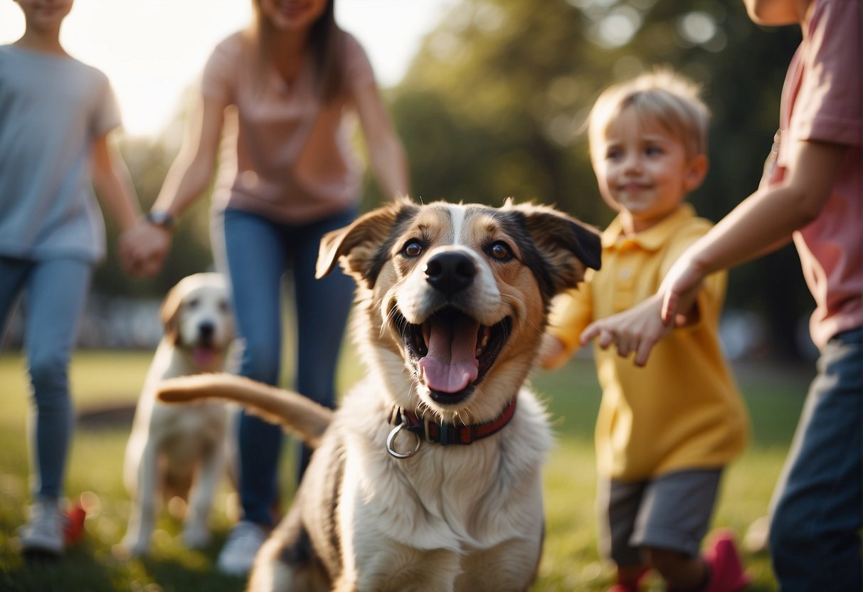 A joyful dog wagging its tail, surrounded by smiling children and parents, as they offer treats and toys to welcome the new family member