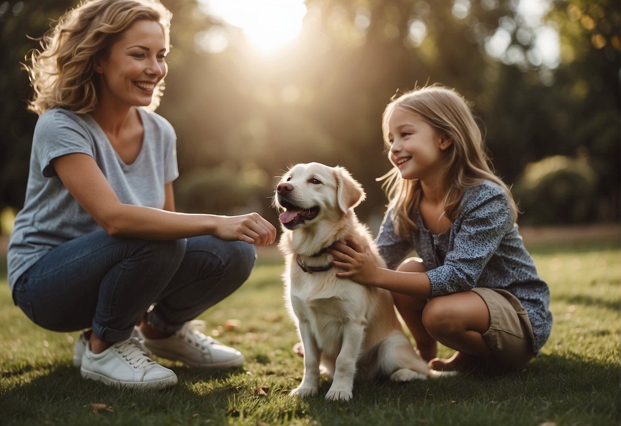 A family sits on the floor, surrounded by various dog breeds. A happy dog interacts with children, while parents observe