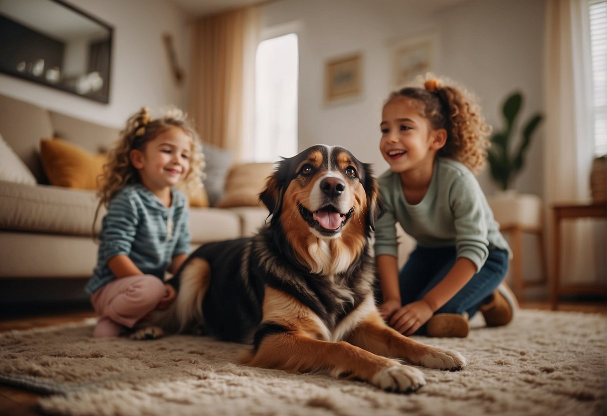 A happy dog approaches two smiling children in a cozy living room with toys and treats scattered around. The children are gently petting the dog, and the atmosphere is warm and inviting