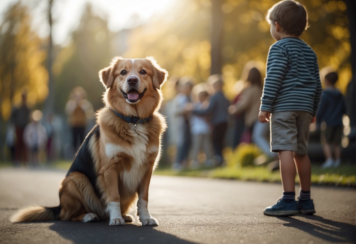 A dog sits calmly as children approach, eager and excited. The dog's body language is relaxed and open, tail wagging, ears up