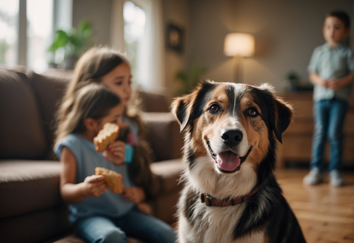 The adopted dog sits calmly as children approach with gentle gestures, offering treats and speaking softly. A sense of trust and comfort fills the room