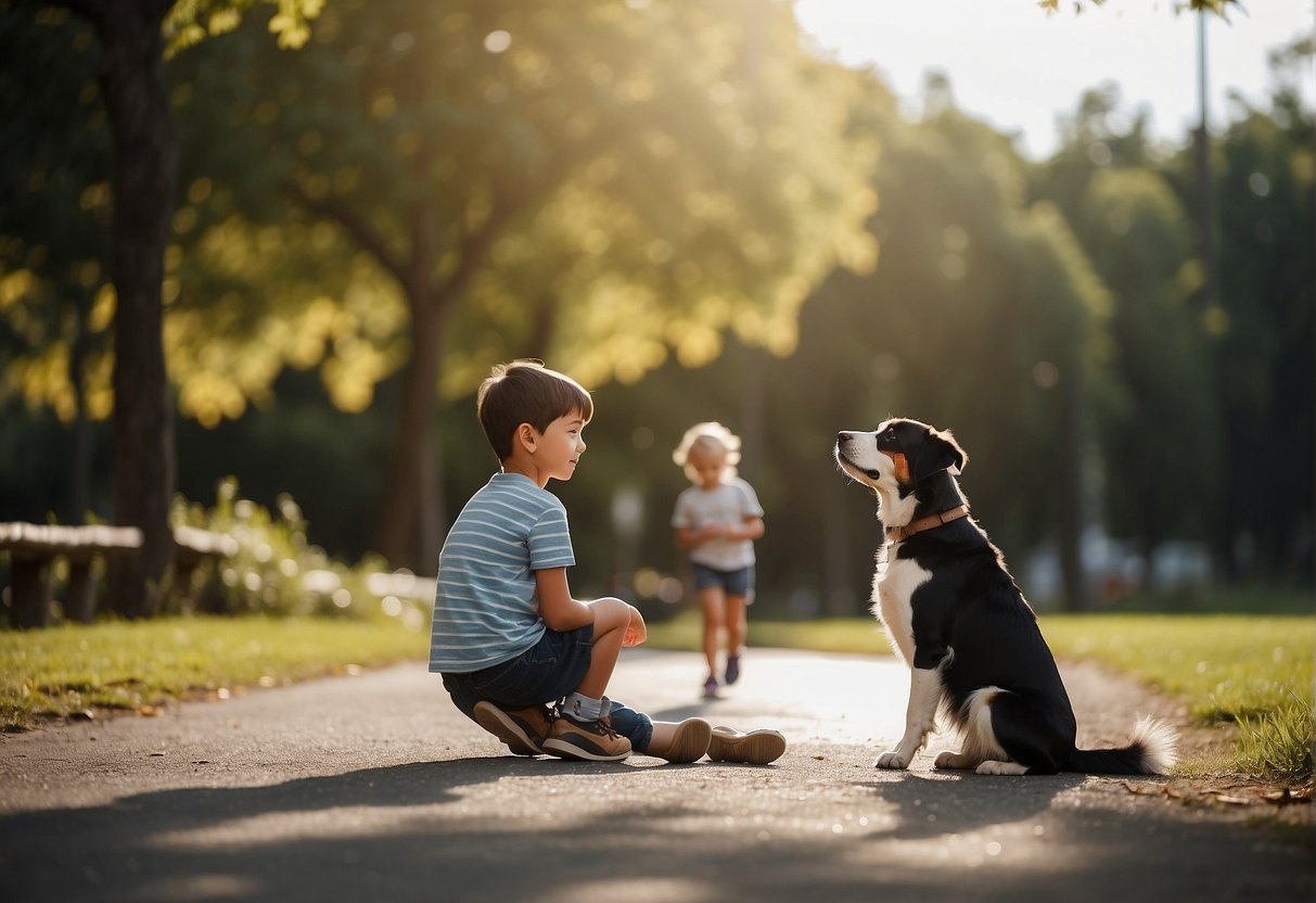 A dog sits calmly as children approach, supervised by an adult. The children are gentle and quiet, allowing the dog to sniff and observe them