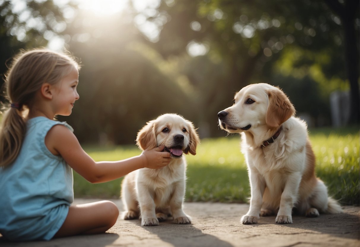 A dog cautiously approaches two children, while the children offer treats and gentle pats to gain the dog's trust