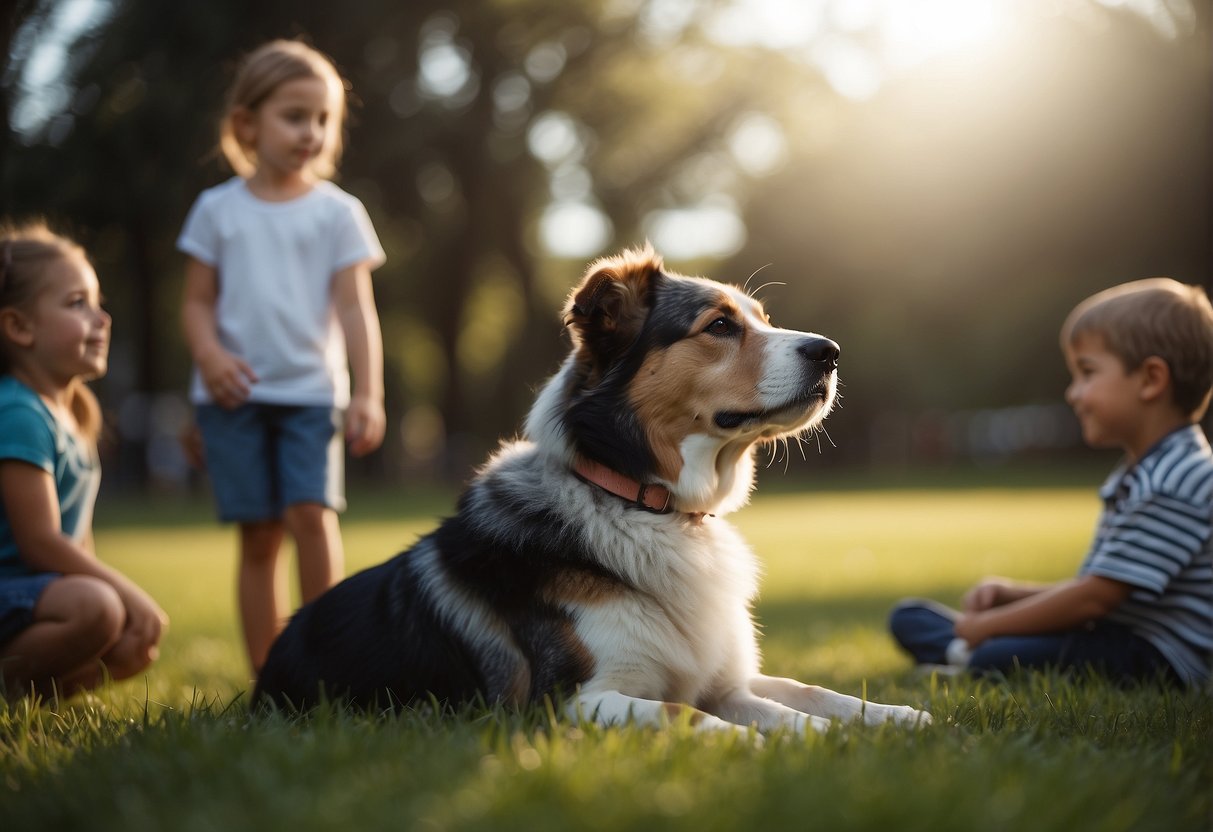 A dog sits calmly while children approach, supervised by an adult