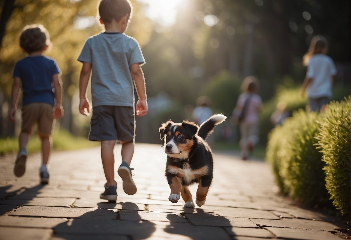 An adopted dog stands calmly as children approach with cautious curiosity