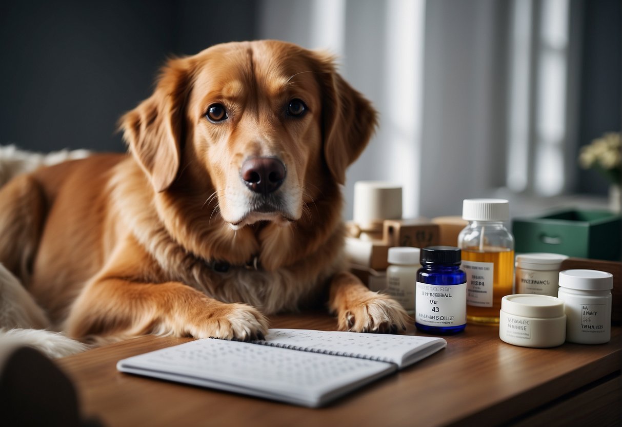 A senior dog lying on a cozy bed, surrounded by a variety of medications, supplements, and a water bowl. A calendar on the wall marks vet appointments