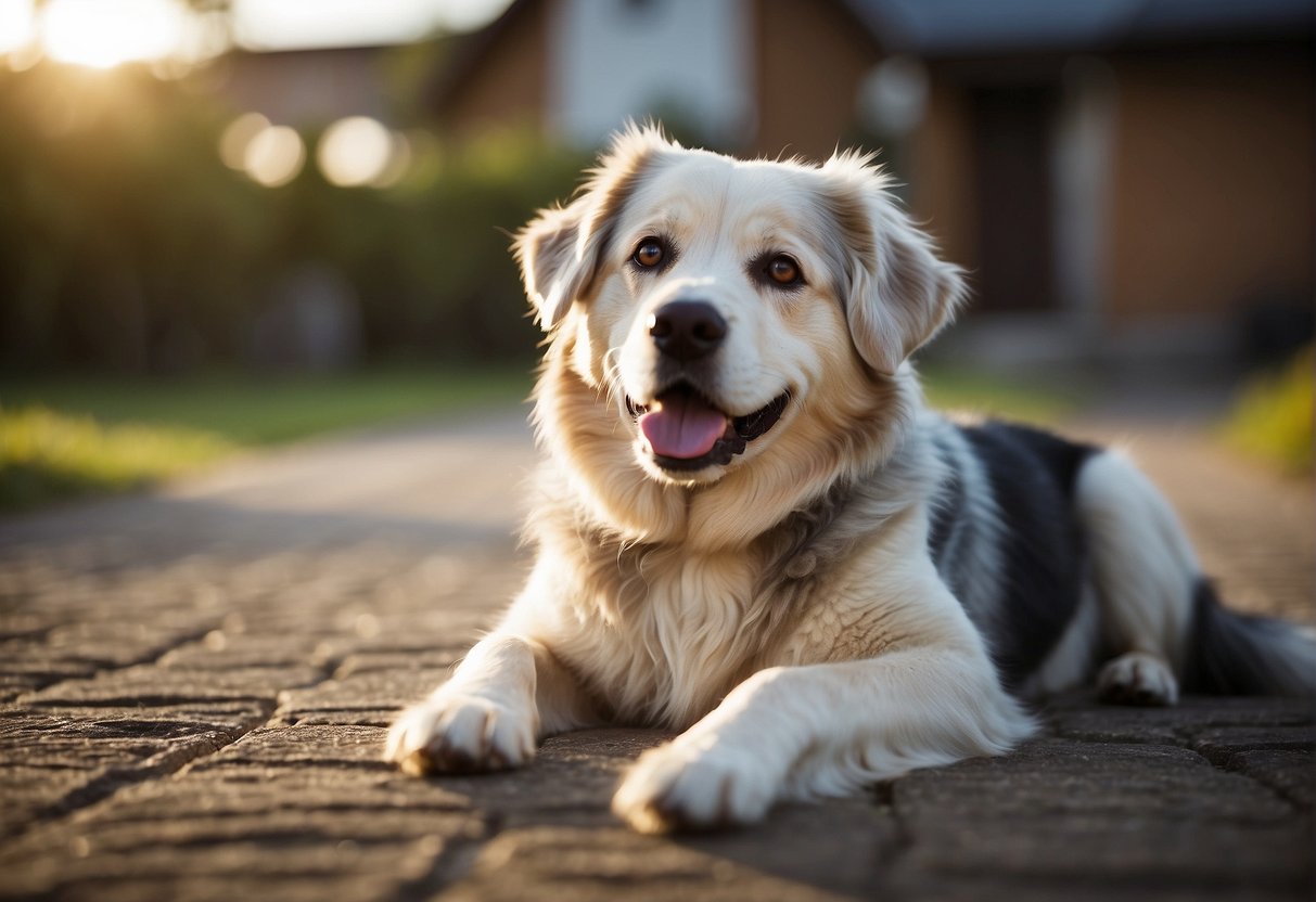 A senior dog with a wagging tail and bright eyes, eagerly waiting for a walk or playtime. A peaceful setting with a comfortable bed and toys nearby