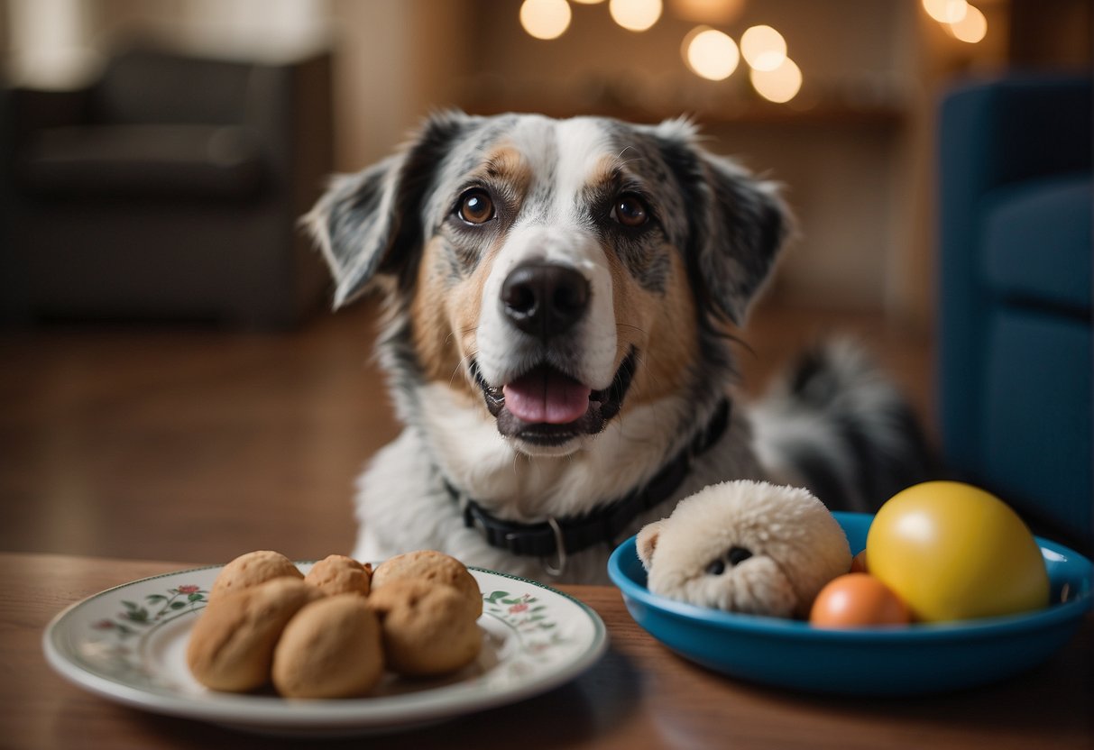 A senior dog sits beside a food bowl, looking up at a new owner with a concerned expression. Nearby, a torn pillow and scattered toys hint at potential behavior issues
