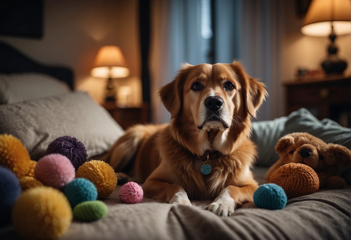 A senior dog sitting in a cozy, welcoming home environment, surrounded by toys, a comfortable bed, and a loving family