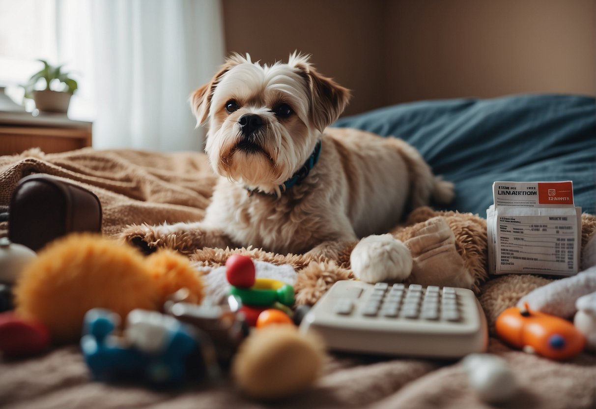 A senior dog lying on a cozy bed, surrounded by various items such as medication, food, and toys. A calculator and financial documents are nearby, highlighting the financial costs of caring for the dog