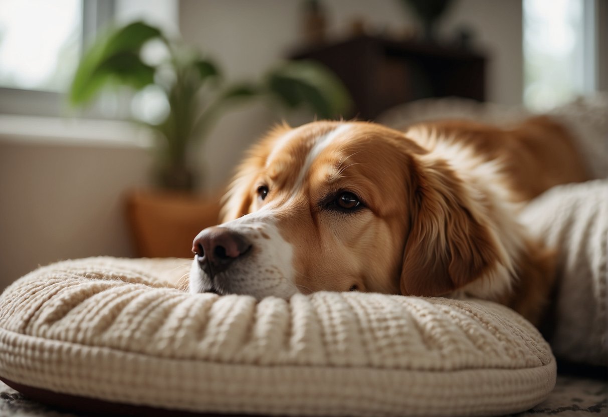 A senior dog lies peacefully next to a cozy dog bed, surrounded by toys and a water bowl. The room is filled with soft natural light, creating a warm and inviting atmosphere