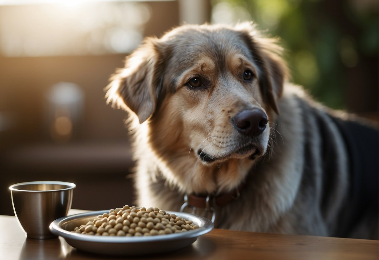 A senior dog eating from a raised bowl with senior-specific dog food and supplements nearby. A veterinarian reviewing the dog's specific dietary needs