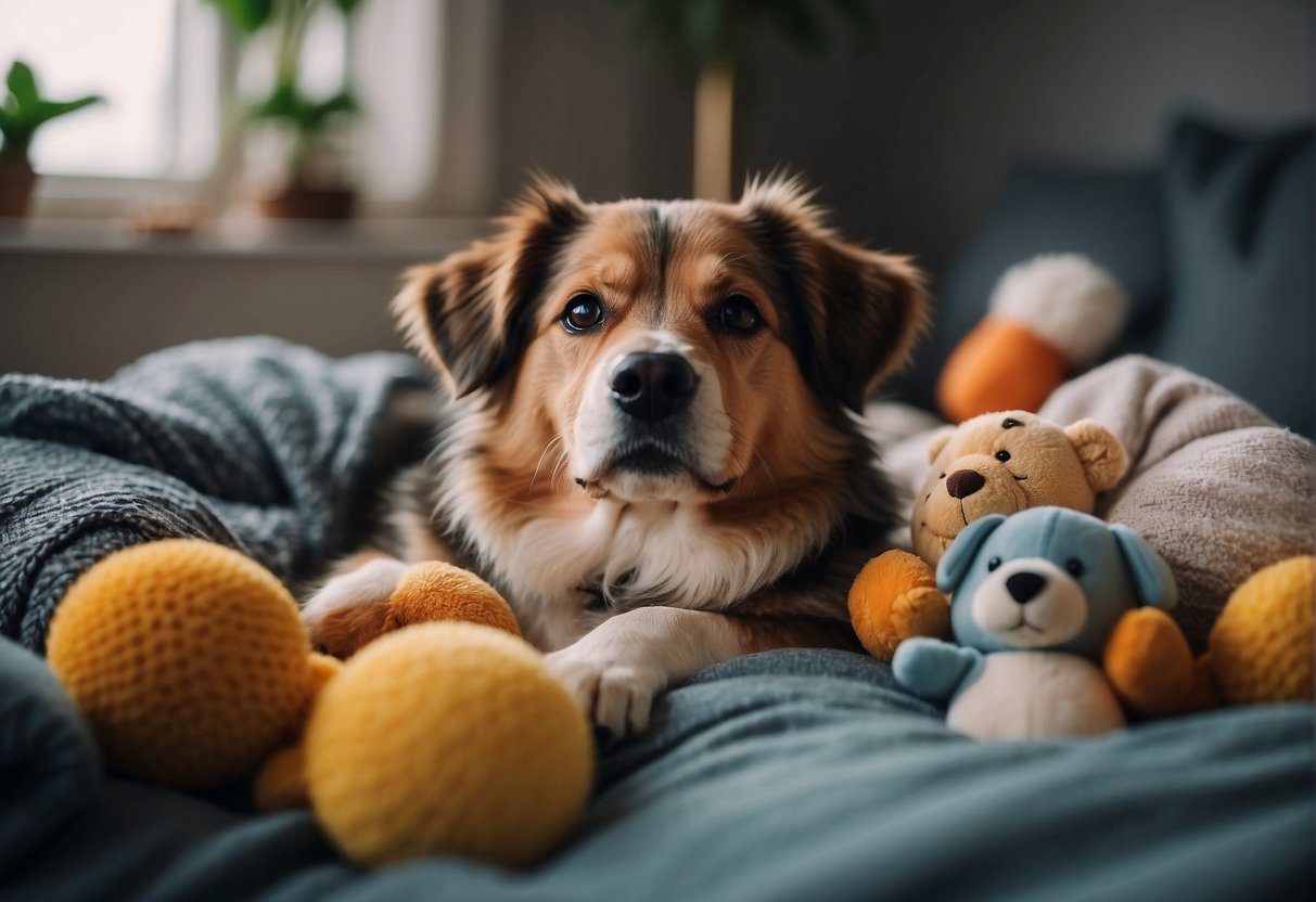 A senior dog lying peacefully on a cozy bed, surrounded by soft blankets and toys, with a serene expression on its face