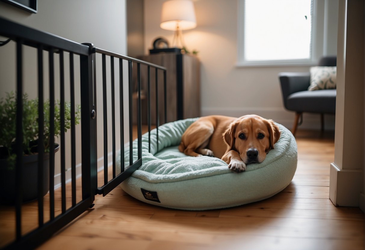 A cozy dog bed with soft blankets, toys, and a water bowl placed in a quiet corner of the room. A gate or barrier to create a safe space