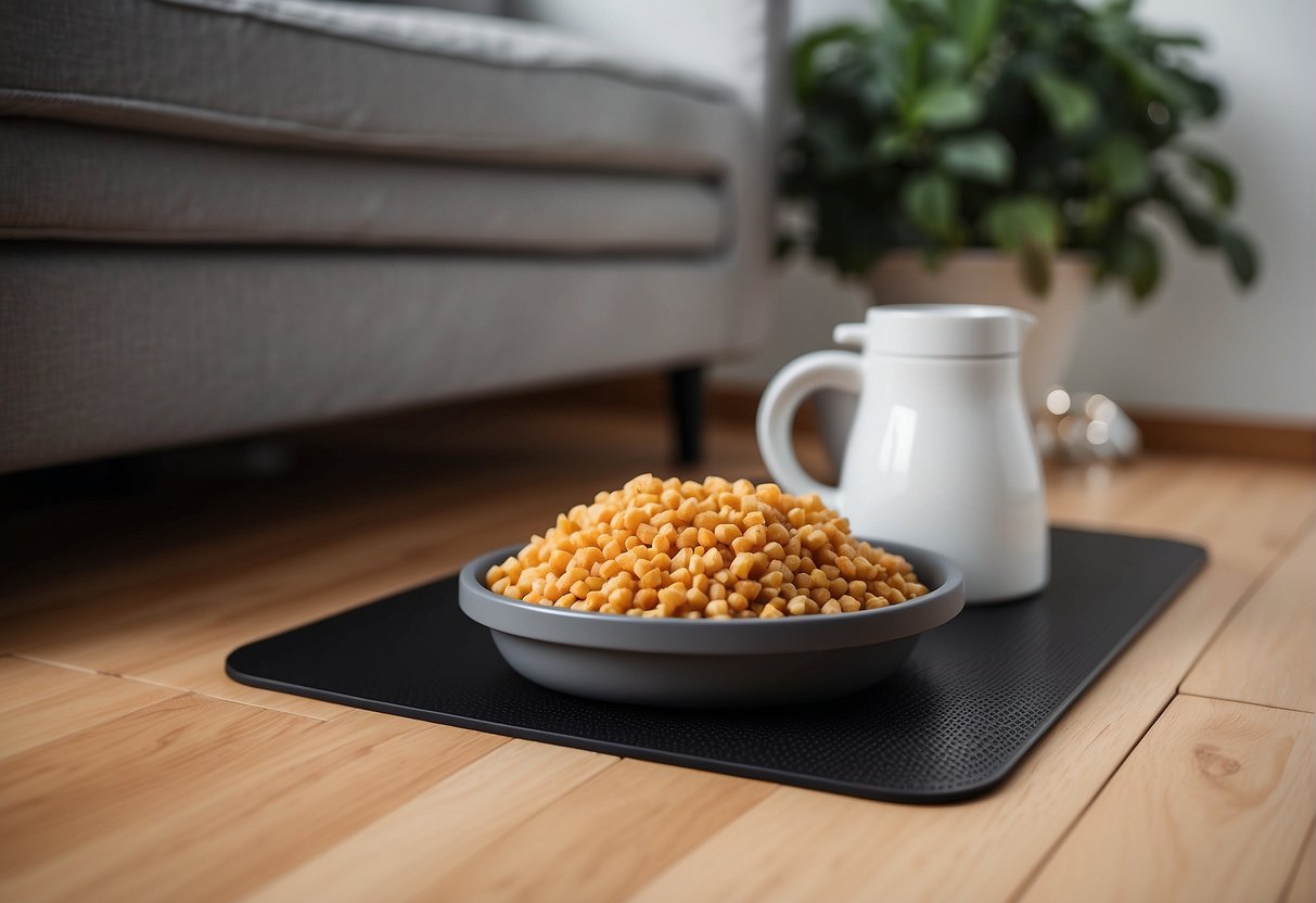 A cozy corner with a raised feeding station, non-slip mat, and easy-to-clean flooring. A designated area away from high-traffic zones