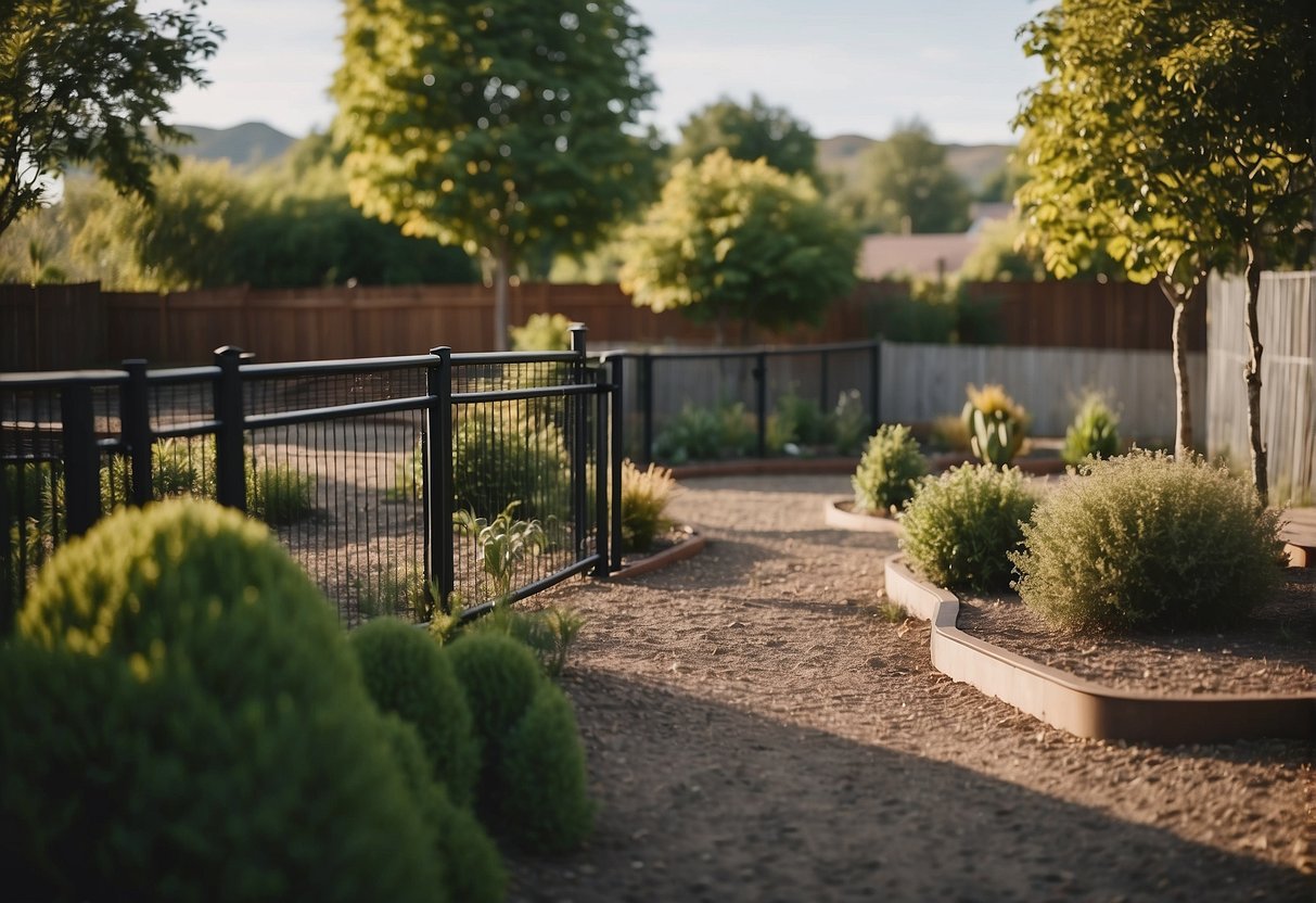 A fenced yard with secure gates, non-toxic plants, and a designated play area with toys and shade